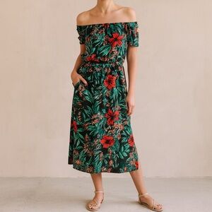 G.I.L.I Black Floral Off the Shoulder Midi SunDress Size Small